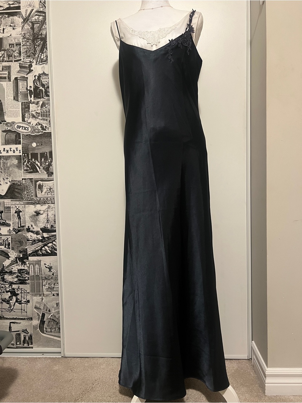 Vintage La Senza Navy Liquid Satin Low V-Back Lace Maxi Slip Dress Large
